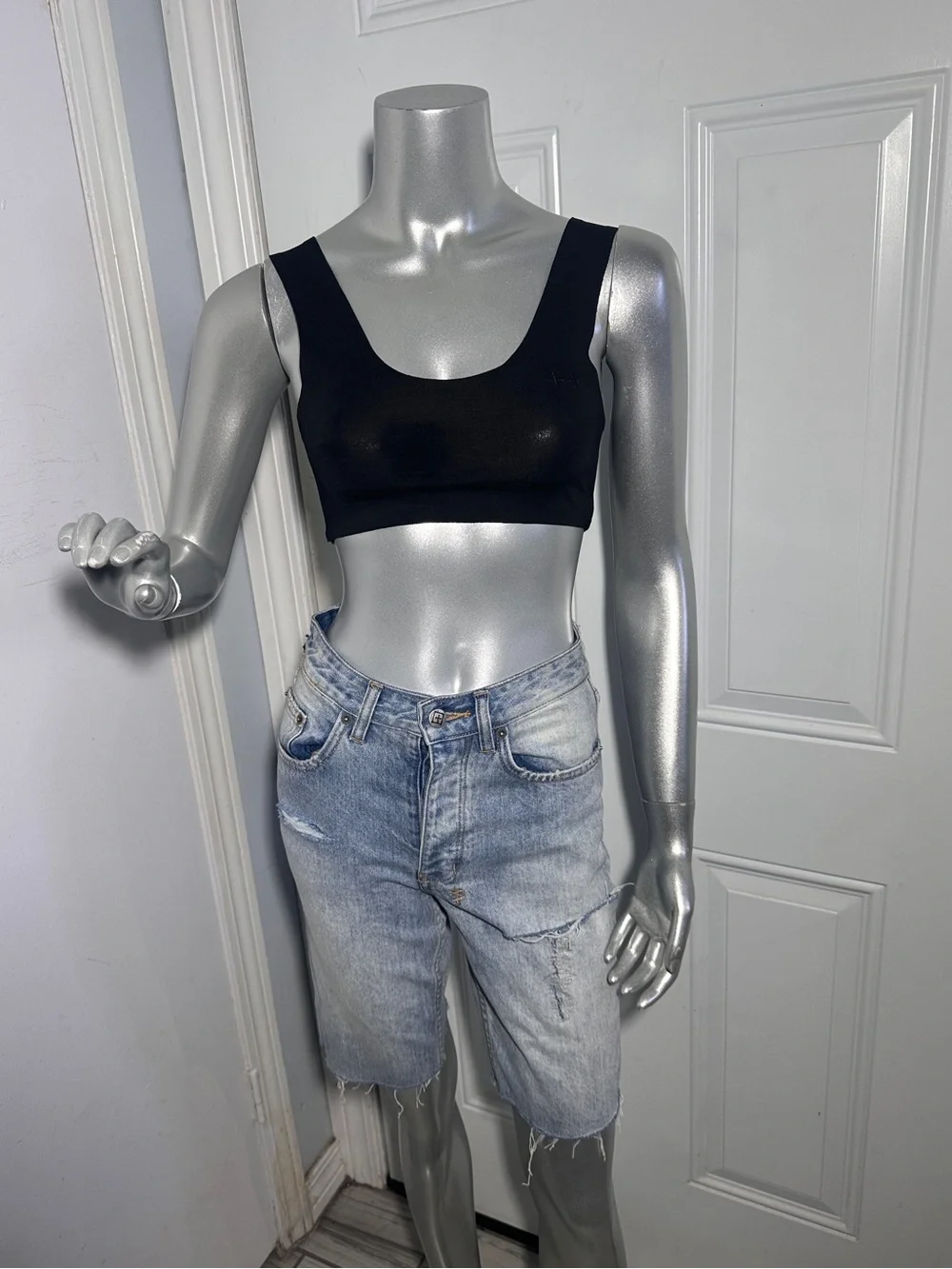 Ksubi Brooklyn Ripped Denim Bermuda Shorts 24 Blue Relaxed Mid Rise Long Jorts
